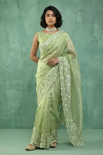 pista chanda silk blend with floral -zari embroidered saree 