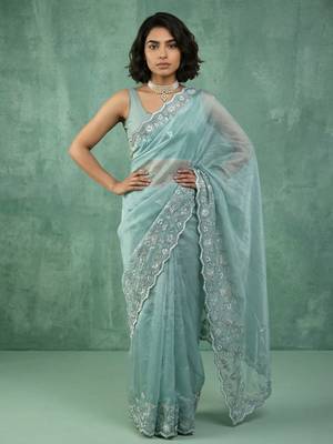 skyblue chanda silk blend with floral -zari embroidered saree  1