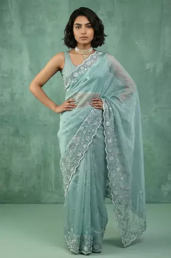 skyblue chanda silk blend with floral -zari embroidered saree 