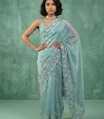 skyblue chanda silk blend with floral -zari embroidered saree 