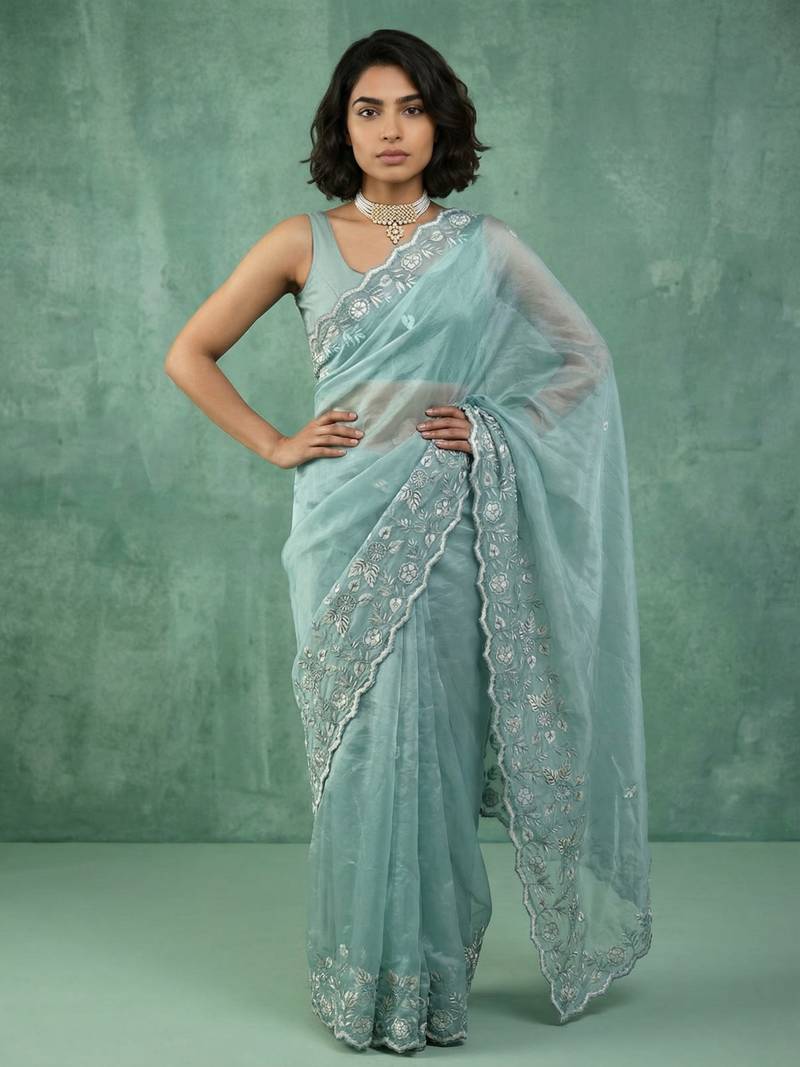 skyblue chanda silk blend with floral -zari embroidered saree 