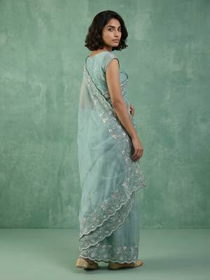 skyblue chanda silk blend with floral -zari embroidered saree  2