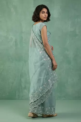 skyblue chanda silk blend with floral -zari embroidered saree 