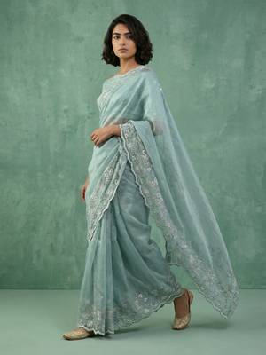 skyblue chanda silk blend with floral -zari embroidered saree  3