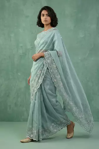 skyblue chanda silk blend with floral -zari embroidered saree 