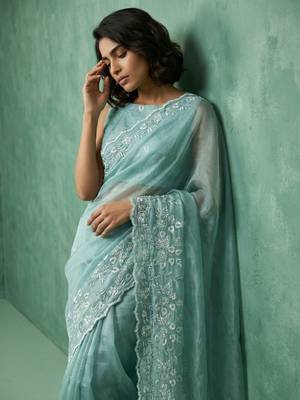 skyblue chanda silk blend with floral -zari embroidered saree  4