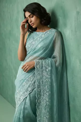 skyblue chanda silk blend with floral -zari embroidered saree 