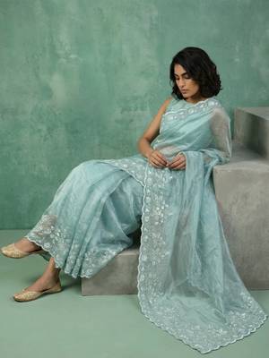 skyblue chanda silk blend with floral -zari embroidered saree  5