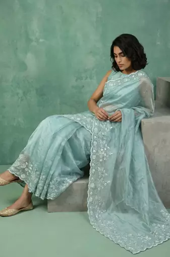 skyblue chanda silk blend with floral -zari embroidered saree 
