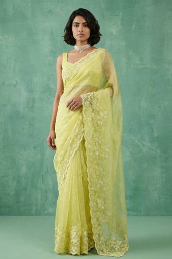 yellow chanda silk blend with floral -zari embroidered saree 