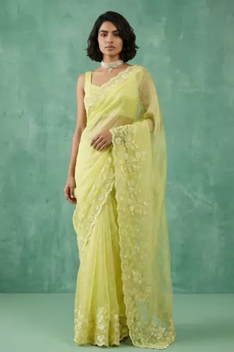 yellow chanda silk blend with floral -zari embroidered saree 