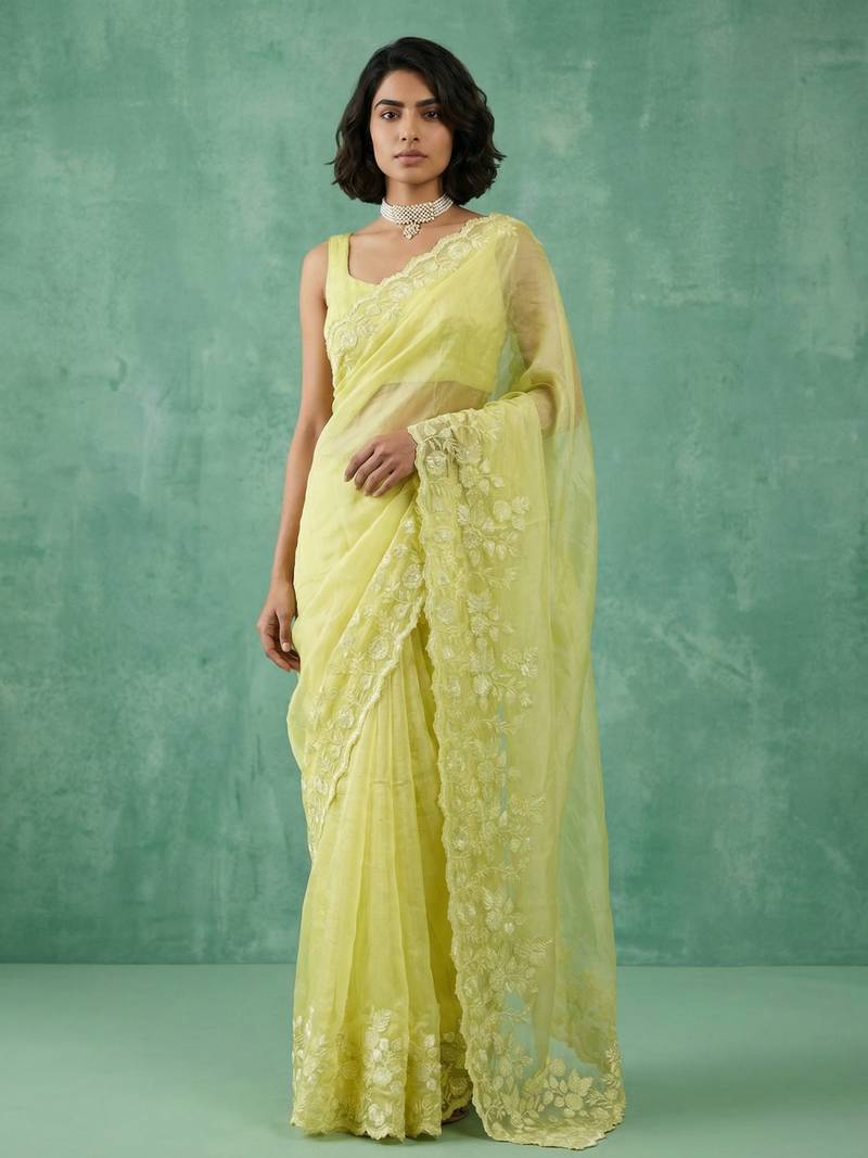 yellow chanda silk blend with floral -zari embroidered saree 