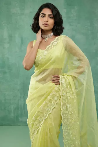 yellow chanda silk blend with floral -zari embroidered saree 