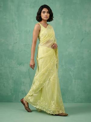 yellow chanda silk blend with floral -zari embroidered saree  3