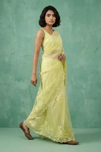 yellow chanda silk blend with floral -zari embroidered saree 