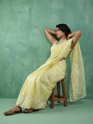 yellow chanda silk blend with floral -zari embroidered saree  5