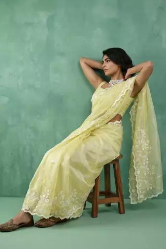 yellow chanda silk blend with floral -zari embroidered saree 