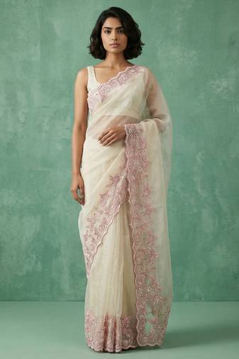 cream chanda silk blend with floral -zari embroidered saree 