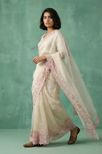 cream chanda silk blend with floral -zari embroidered saree 