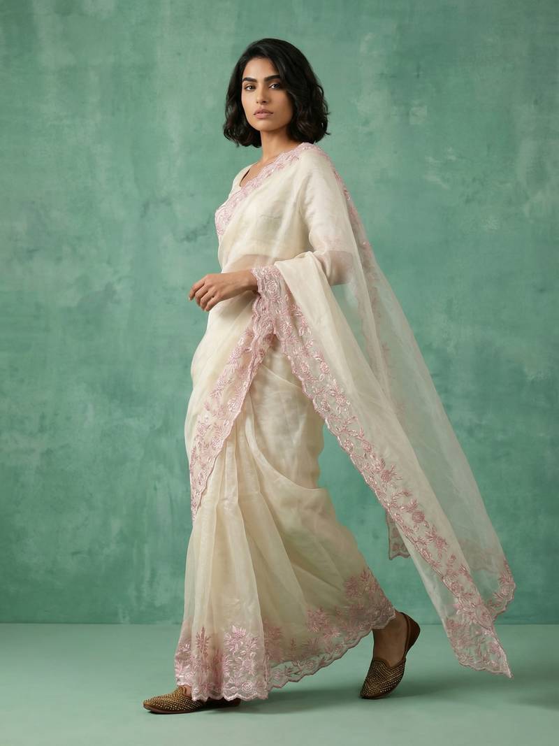cream chanda silk blend with floral -zari embroidered saree 