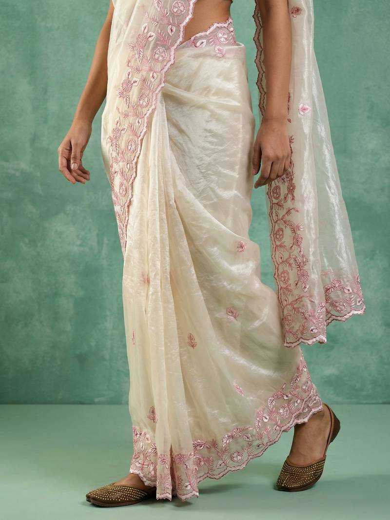 cream chanda silk blend with floral -zari embroidered saree 