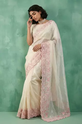 cream chanda silk blend with floral -zari embroidered saree 