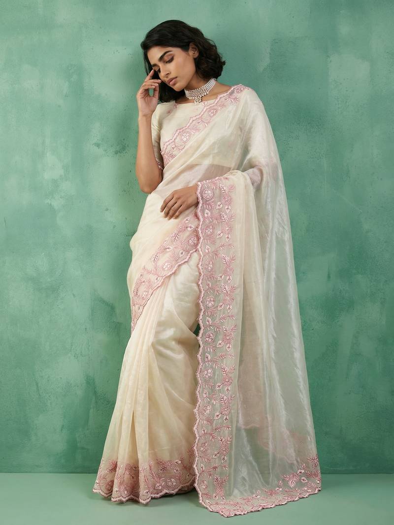 cream chanda silk blend with floral -zari embroidered saree 