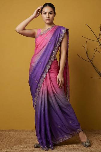 blue satin with prints gotapatti work saree