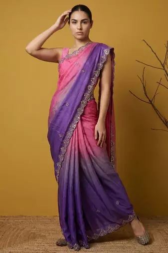 blue satin with prints gotapatti work saree