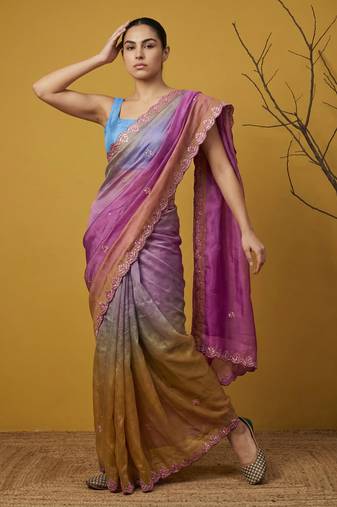 grey satin with prints gotapatti work saree