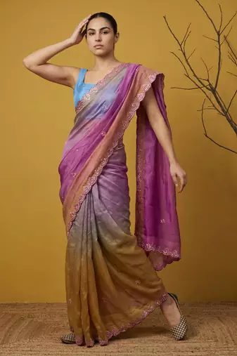 grey satin with prints gotapatti work saree