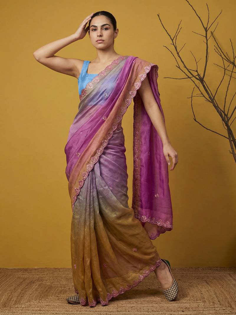 grey satin with prints gotapatti work saree