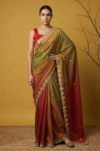 mehendi red satin with prints gotapatti work saree