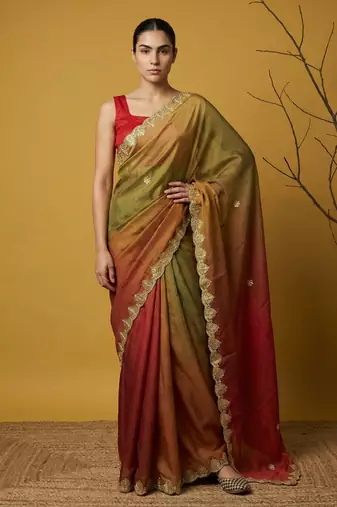 mehendi red satin with prints gotapatti work saree