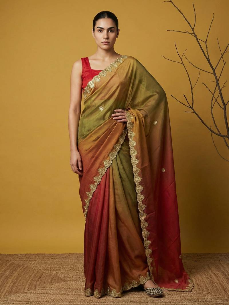 mehendi red satin with prints gotapatti work saree