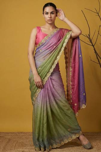 pista green satin with prints gotapatti work saree