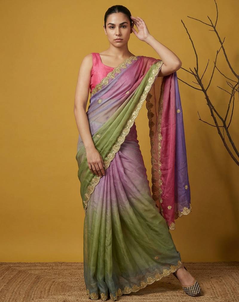 pista green satin with prints gotapatti work saree