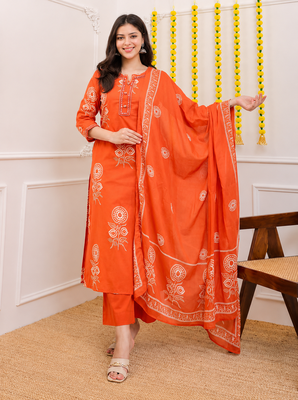 Orange printed cotton kurta pant with dupatta 1