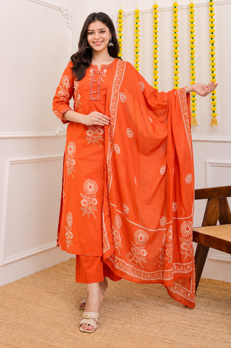 Orange printed cotton kurta pant with dupatta