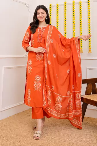 Orange printed cotton kurta pant with dupatta