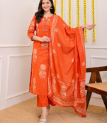 Orange printed cotton kurta pant with dupatta