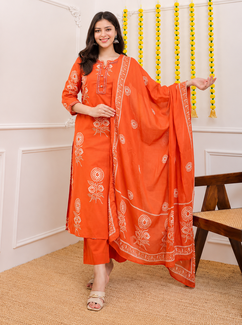 Orange printed cotton kurta pant with dupatta