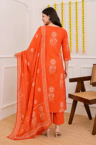 Orange printed cotton kurta pant with dupatta