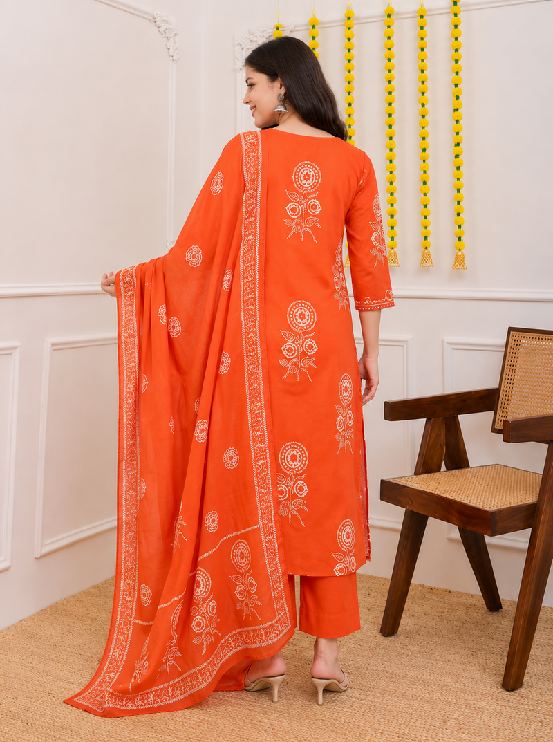 Orange printed cotton kurta pant with dupatta