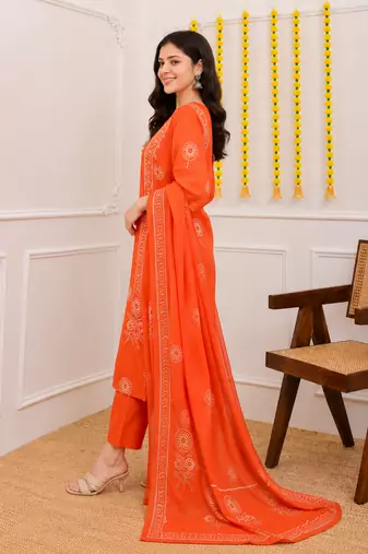Orange printed cotton kurta pant with dupatta