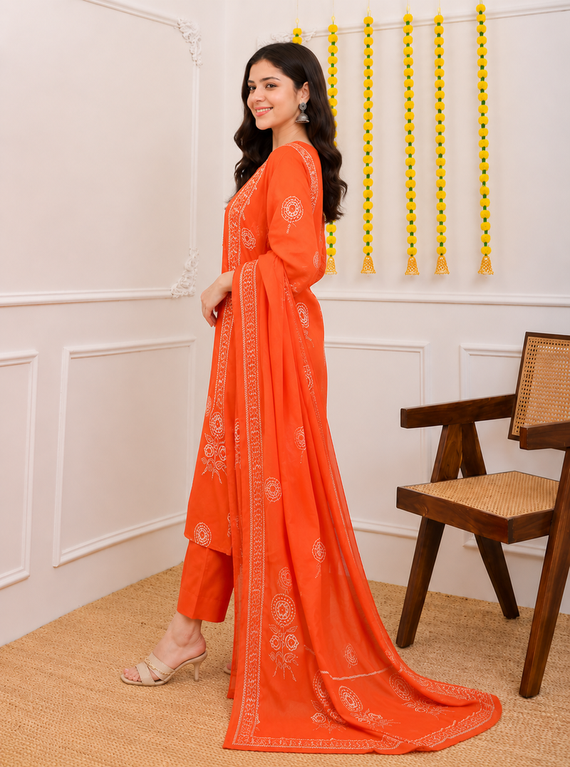 Orange printed cotton kurta pant with dupatta