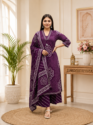 Purple lahariya cotton kurta pant with dupatta 1