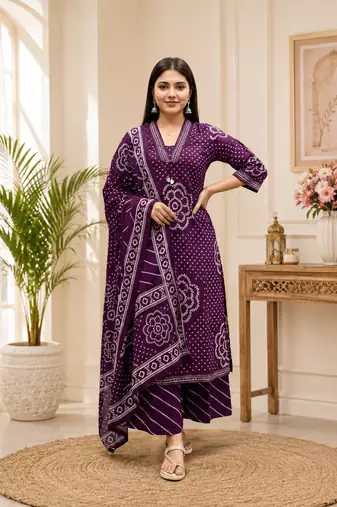 Purple lahariya cotton kurta pant with dupatta