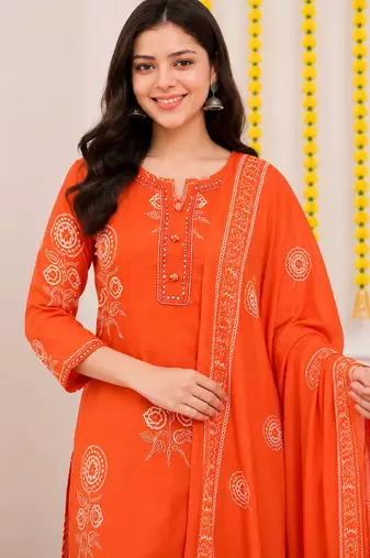 Orange printed cotton kurta pant with dupatta