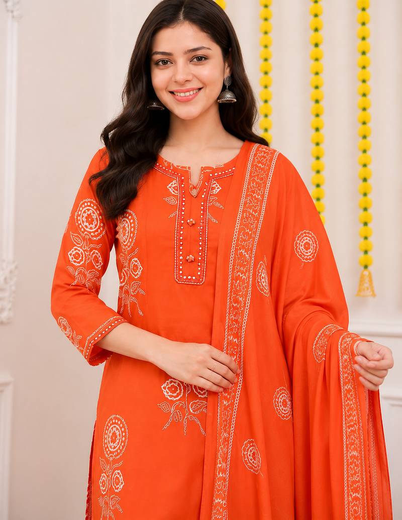 Orange printed cotton kurta pant with dupatta